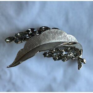 VTG BSK Leaf Floral Brooch Smoky‎ Glass Navette Brushed Silver Tone 2.5" L
